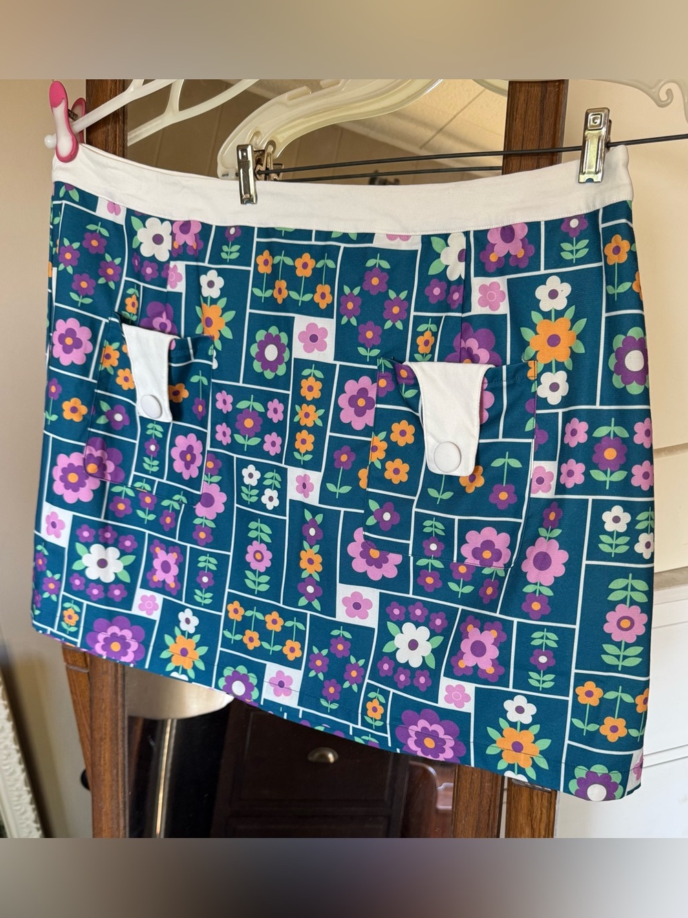 Smak Parlour x Unique Vintage 1960s Teal Wallpaper Floral Mini Skirt, Plus XXL - Picture 6 of 10